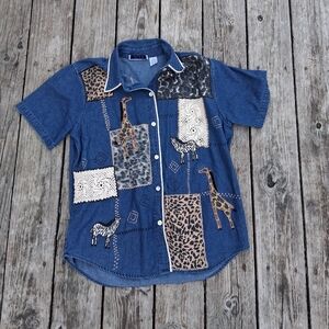 Sara Studio Patchwork Animal Print Embroidered Denim Button Down